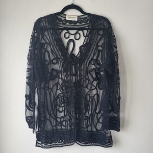 Valenti Black Sheer Lace Cochet Whimpsy Goth Chic Feminine Cardigan Top
